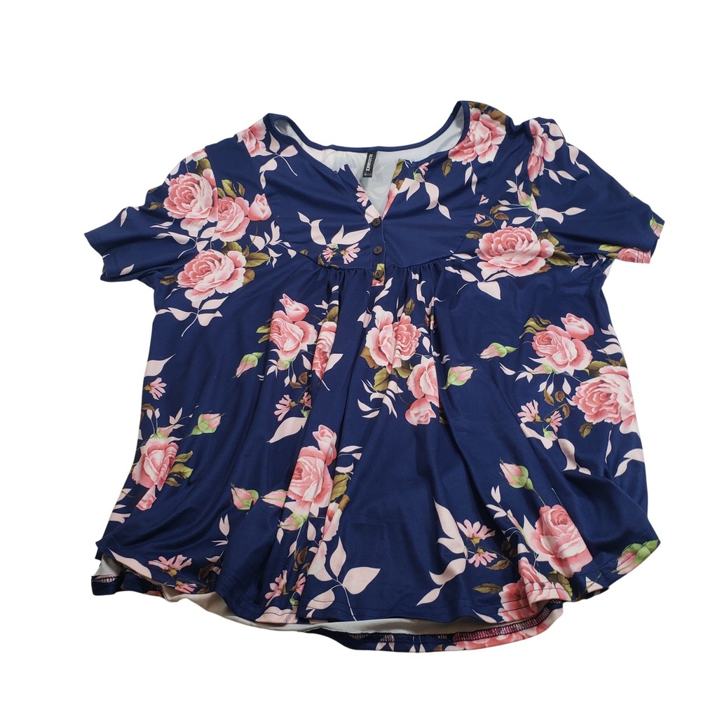 Allegrace Womens Floral Babydoll‎ Tunic Top 3X Navy Blue Rose